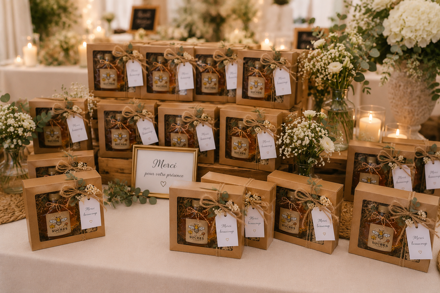 Table de faveurs de mariage avec boîtes-cadeaux kraft et fleurs