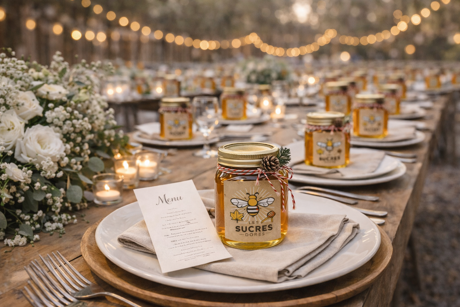 Couverts de mariage extérieur avec pots de miel personnalisés